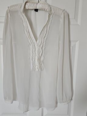 White House Black Market Sheer White Ruffled V-Neck Long Sleeve Blouse